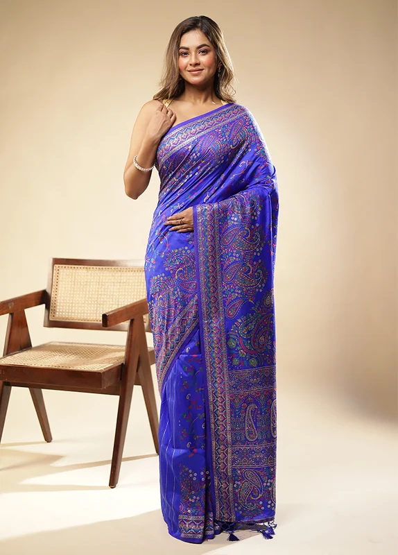 Blue Dupion Silk Saree With Blouse Piece One Size