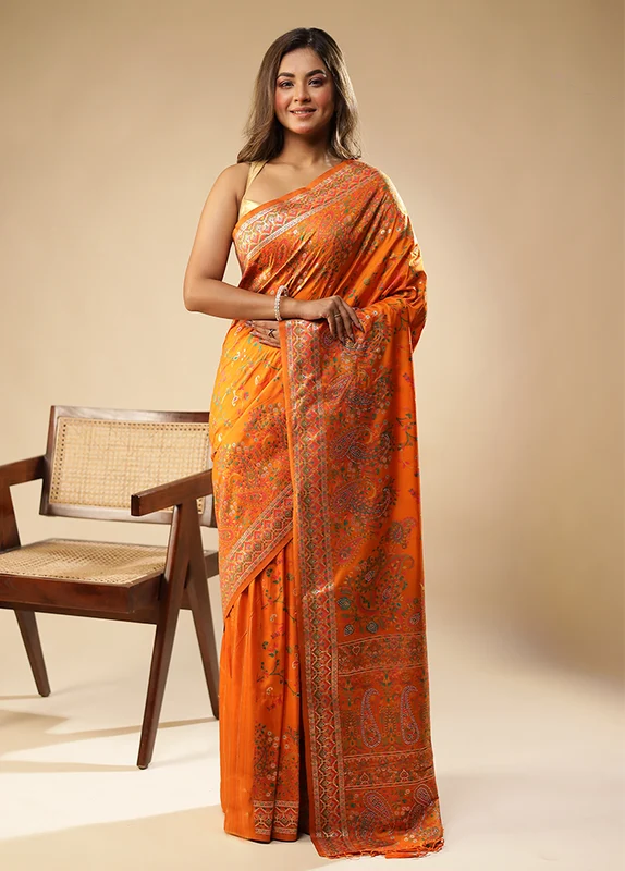 Orange Dupion Silk Saree With Blouse Piece One Size