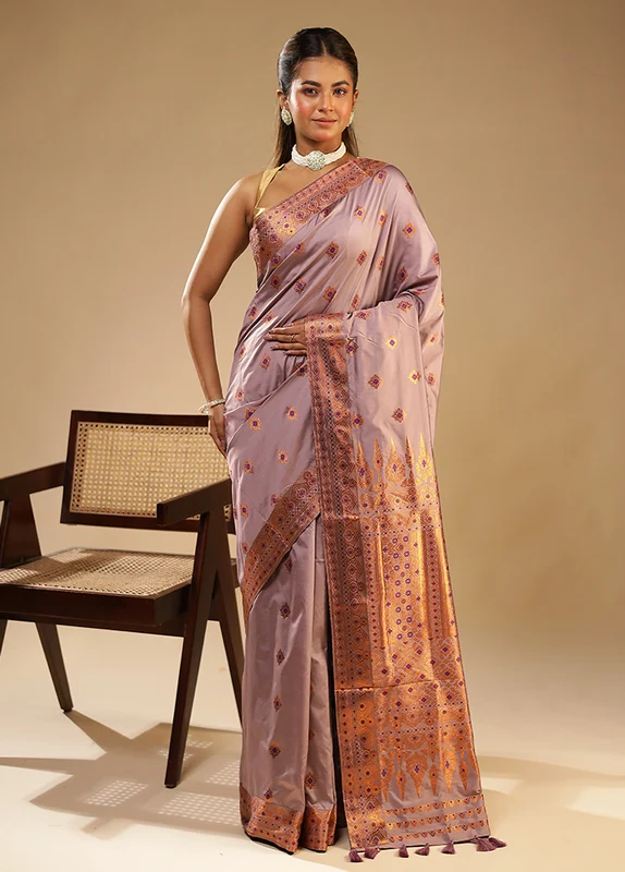 Purple Assam Silk Saree With Blouse Piece One Size
