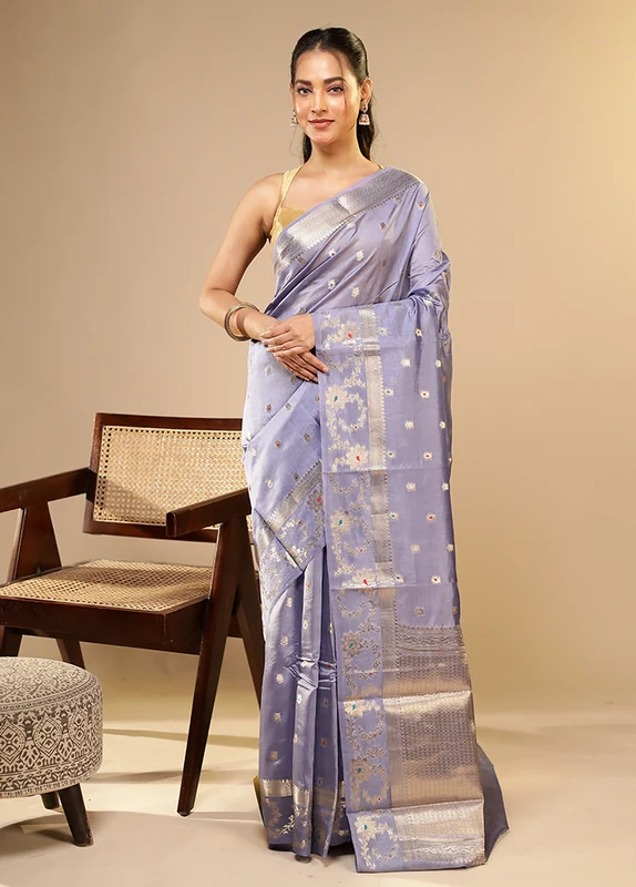 Blue Dupion Silk Saree With Blouse Piece One Size