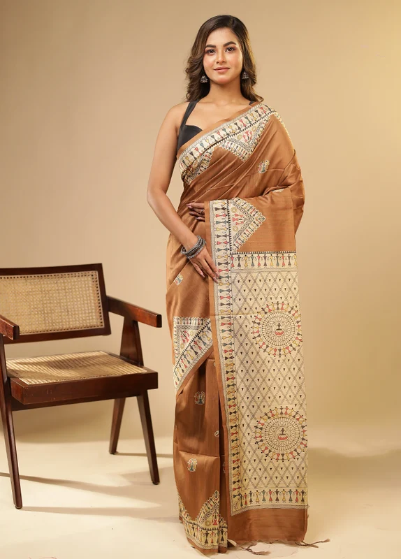 Rust Tussar Silk Saree With Blouse Piece One Size