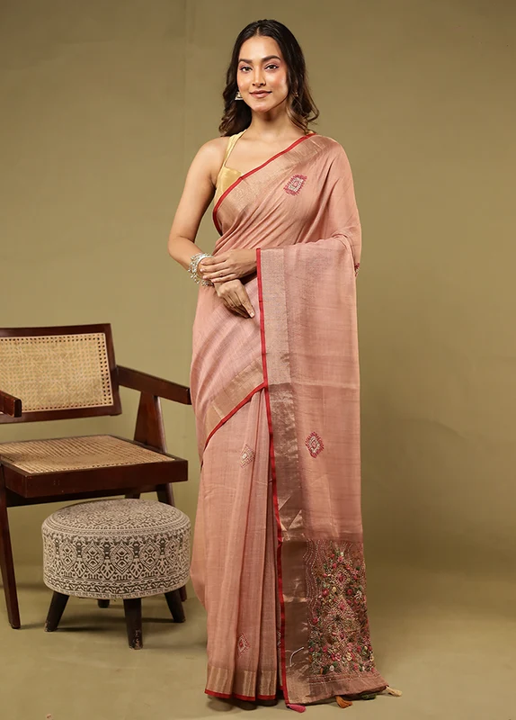 Pink Linen Silk Saree With Blouse Piece One Size