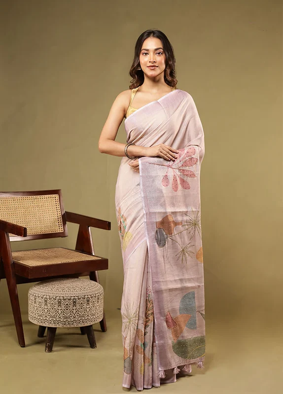 Purple Linen Silk Saree With Blouse Piece One Size
