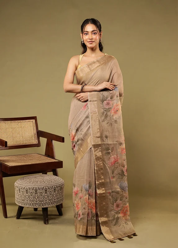Cream Linen Silk Saree With Blouse Piece One Size