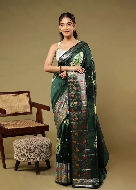Green Handloom Dupion Pure Silk Saree With Blouse Piece One Size