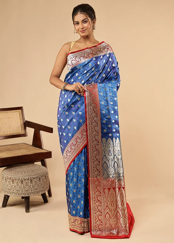 Blue Tanchoi Silk Saree With Blouse Piece One Size