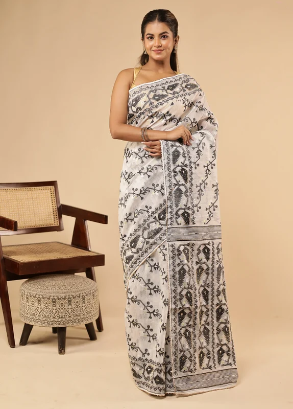 White Khadi Cotton Saree With Blouse Piece One Size