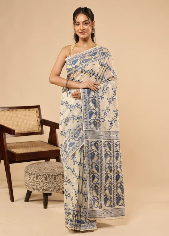 Cream Khadi Cotton Saree With Blouse Piece One Size