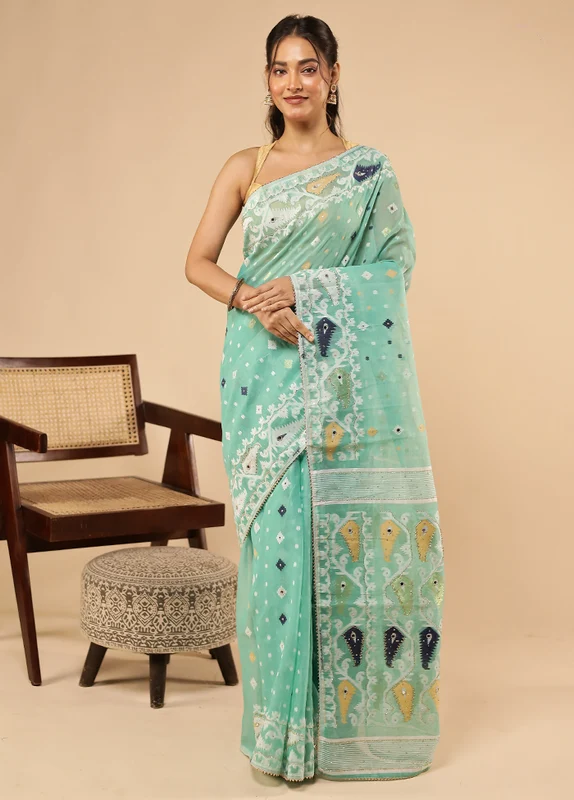 Green Khadi Cotton Saree With Blouse Piece One Size