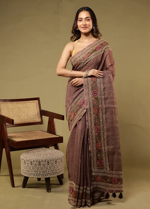 Brown Linen Silk Saree With Blouse Piece One Size