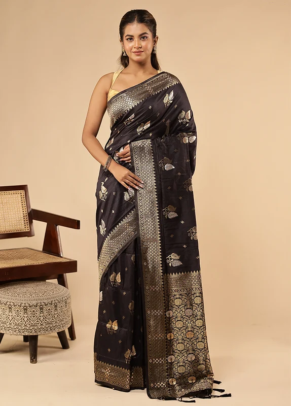 Blue Dupion Silk Saree With Blouse Piece One Size