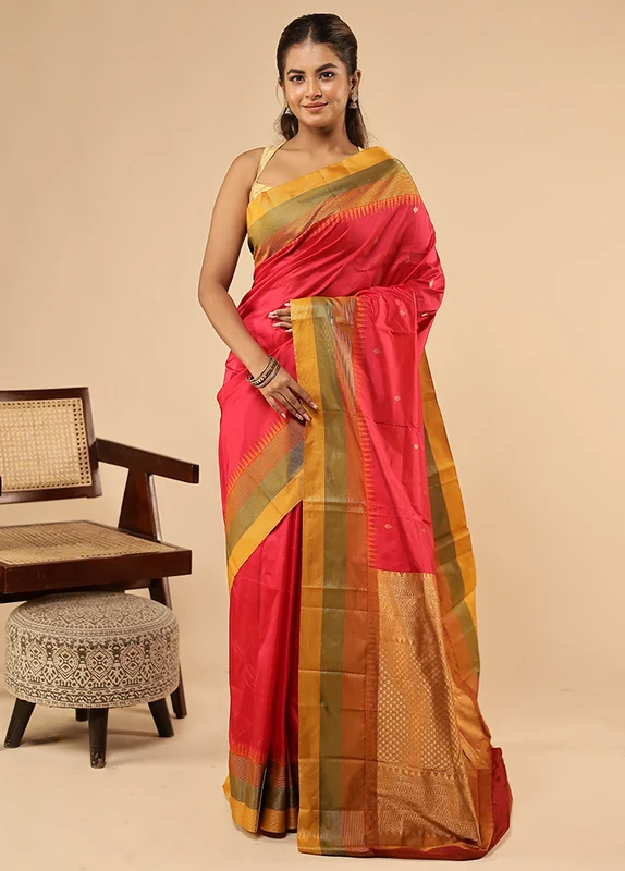 Pink Handloom Kanchipuram Pure Silk Saree With Blouse Piece One Size