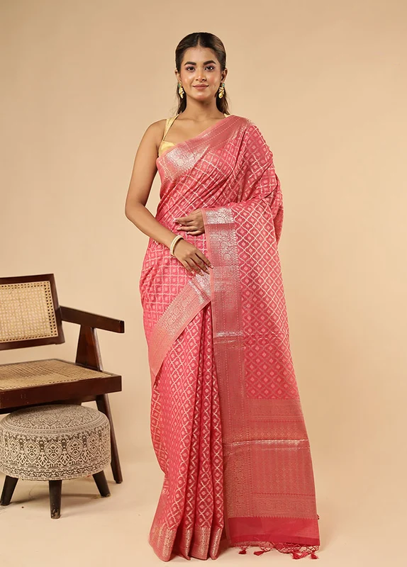 Pink Kora Silk Saree With Blouse Piece One Size