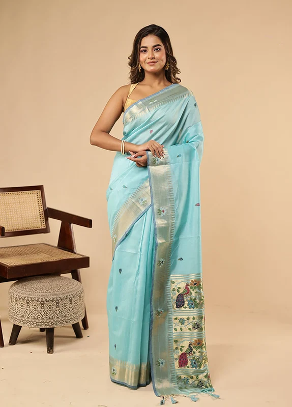 Blue Linen Silk Saree With Blouse Piece One Size