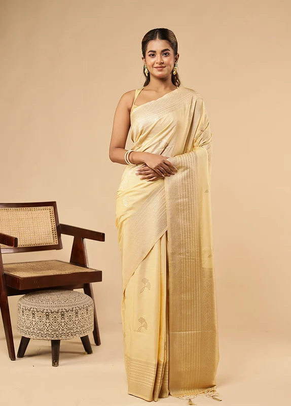 Cream Dupion Silk Saree With Blouse Piece One Size