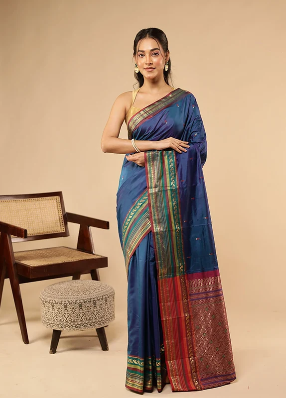Blue Kanjivaram Silk Saree With Blouse Piece One Size