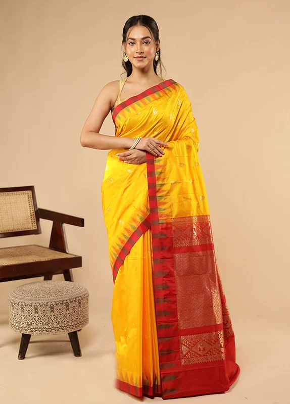 Yellow Kanjivaram Silk Saree With Blouse Piece One Size