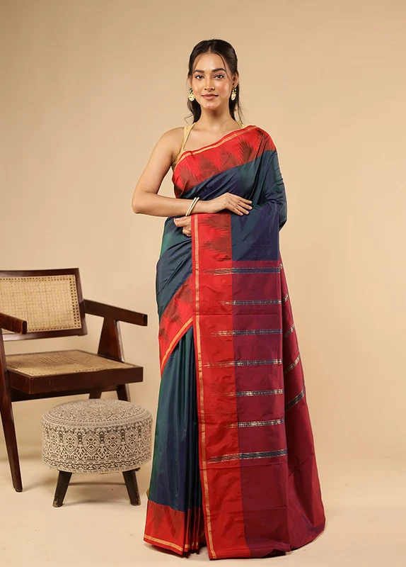 Blue Kanjivaram Silk Saree With Blouse Piece One Size