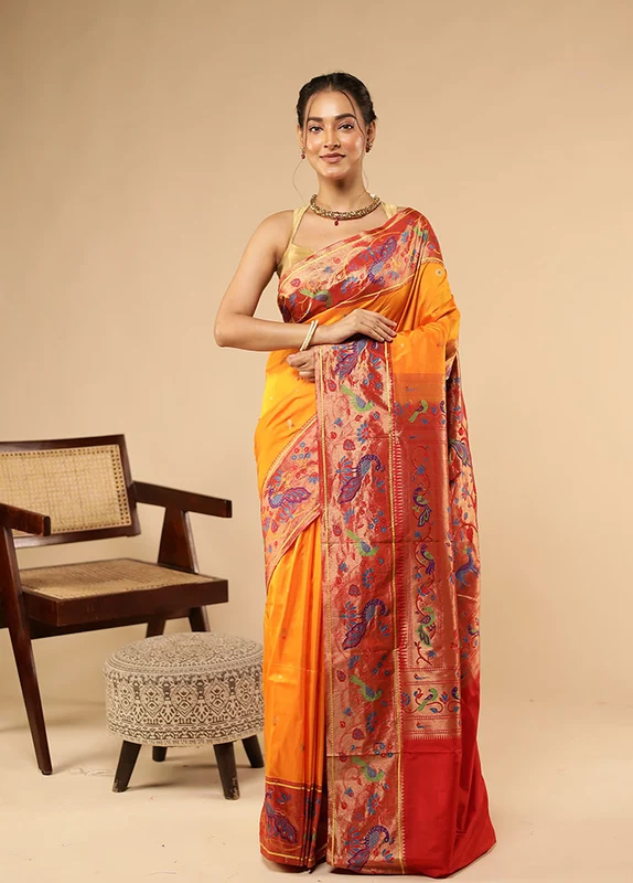 Orange Kanjivaram Silk Saree With Blouse Piece One Size