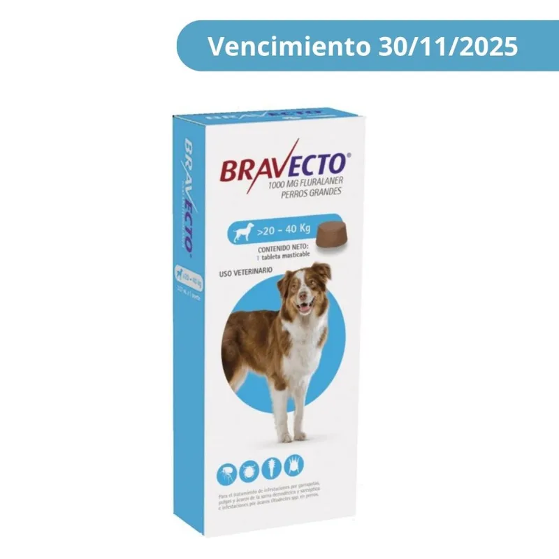 Antipulgas Bravecto para Perros de 20 a 40 Kg FLF Vencimiento 30-11-2025