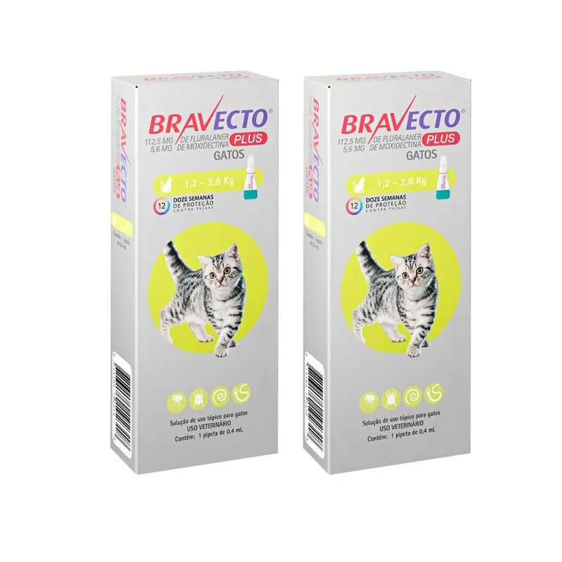 Kit 2 Bravecto Plus Para Gatos Entre 1,2 E 2,8kg Com 1 Pipeta De 0,4ml