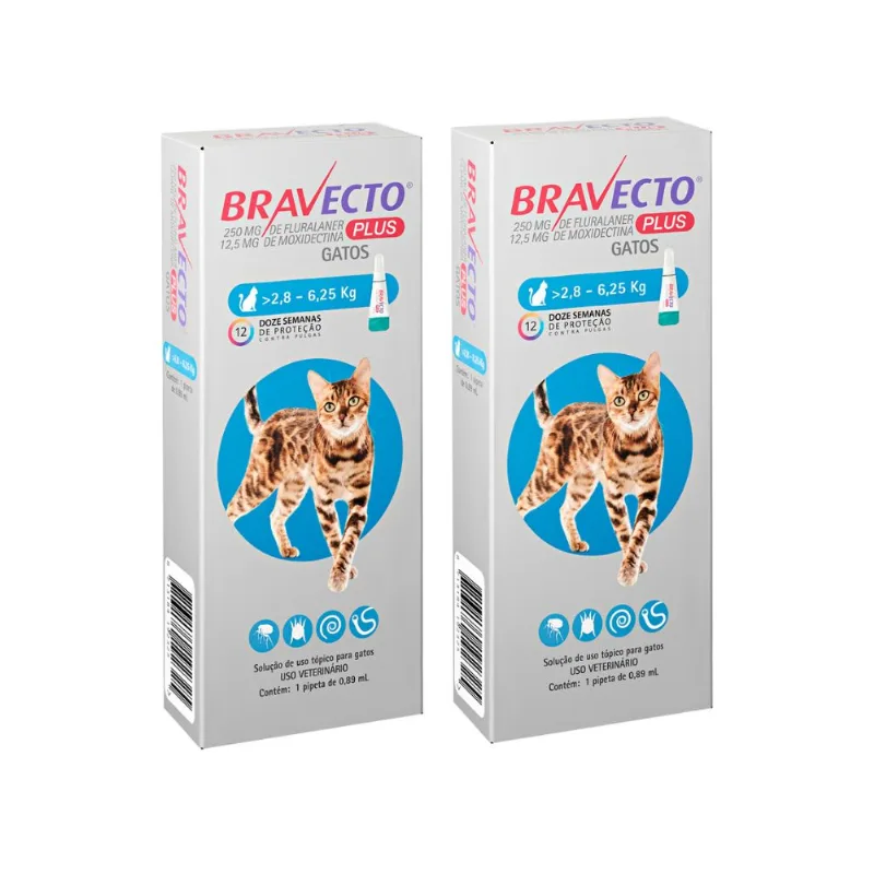 Kit 2 Bravecto Plus Para Gatos Entre 2,8 E 6,25kg Com 1 Pipeta De 0,89ml