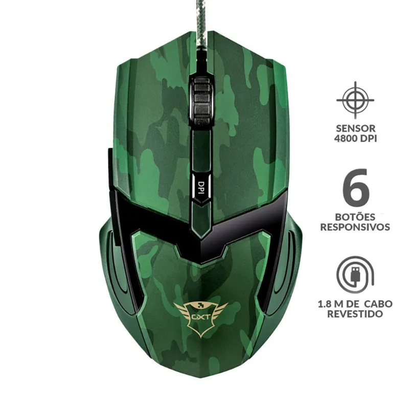 Mouse Gamer 6 Botões dpi Ajustável até 4800 Precisão para Jogos Trust gxt 101C gav Jungle Camo