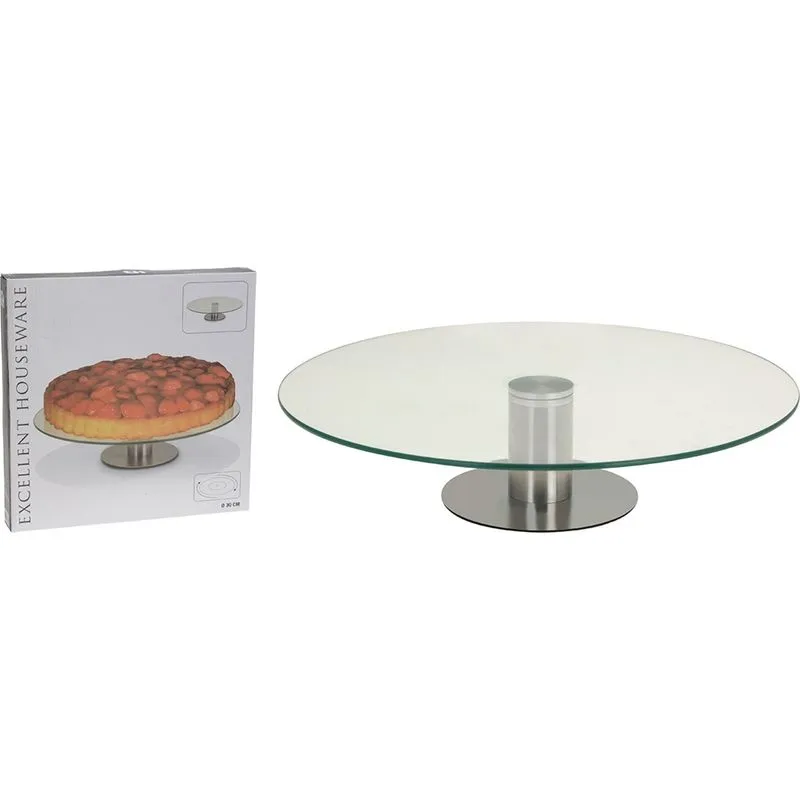 Prato para Bolo com Pé Lazy Susan em Vidro / Metal - ø 30 cm - Transparente / Prata