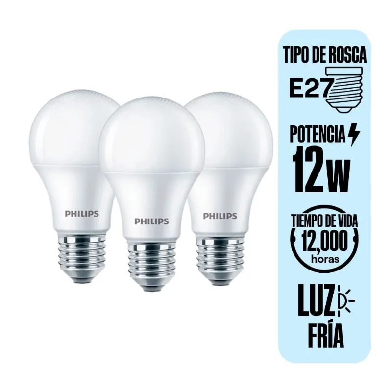 Pack X3 Foco LED E27 12W Luz Fría Philips