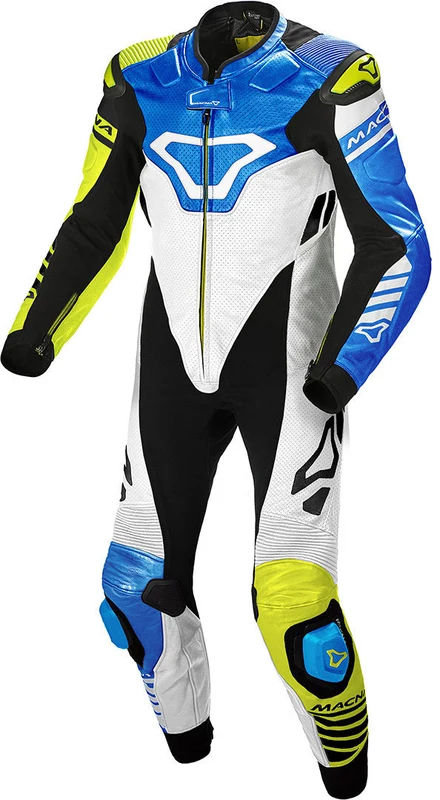 MACNA TRACKTIX 1 PC Moto Homem Perforado Couro Fatos Branco Amarelo Fluo Azul 50 / BLANCO AMARILLO FLUO AZUL