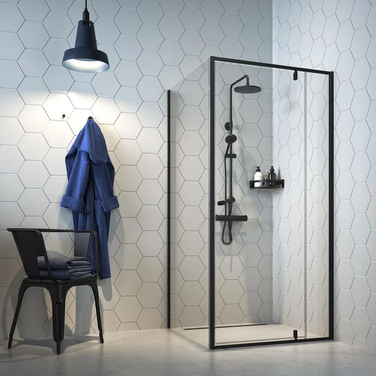 Sealskin Contour draaideur met zijwand 100x100 cm, 200 cm hoog, zwart, 6 mm helder veiligheidsglas Losstaand