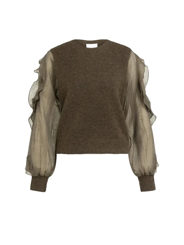 Pullover - Rüschenärmel S / Braun / Pullover & Strick