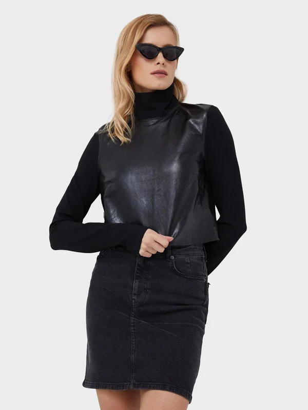 Calvin Klein - Women's Leather Mix Media Mock Neck Top Black / 42