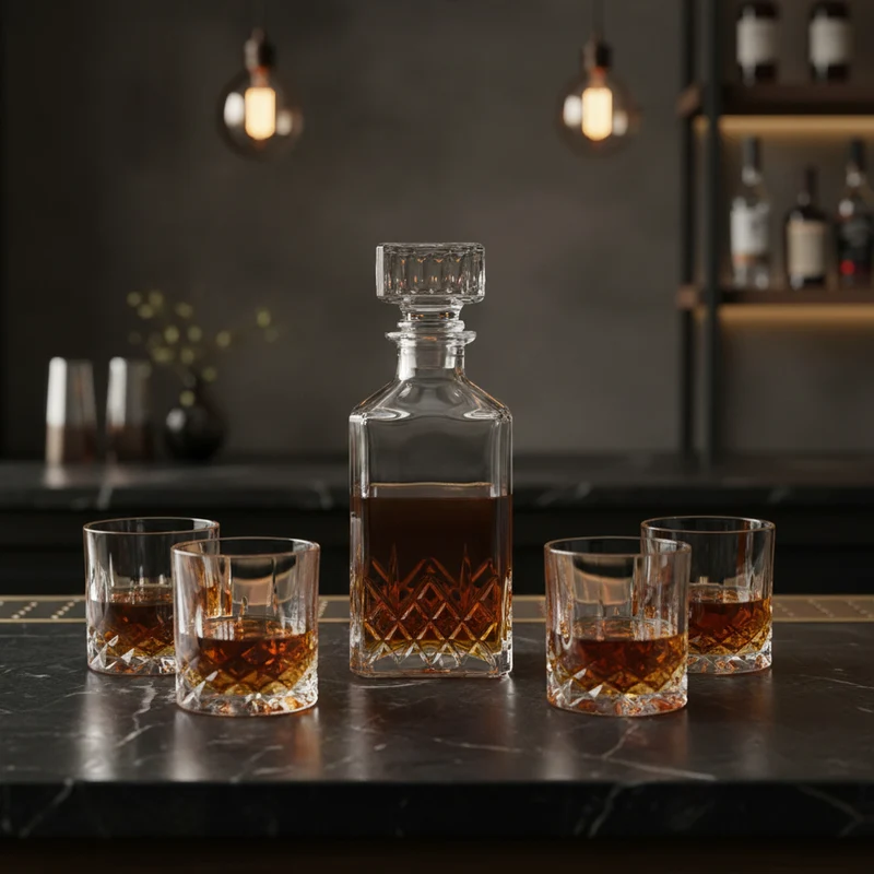 Set Bottiglia decanter da Whisky con 4 bicchieri in vetro intagliato 900 ml