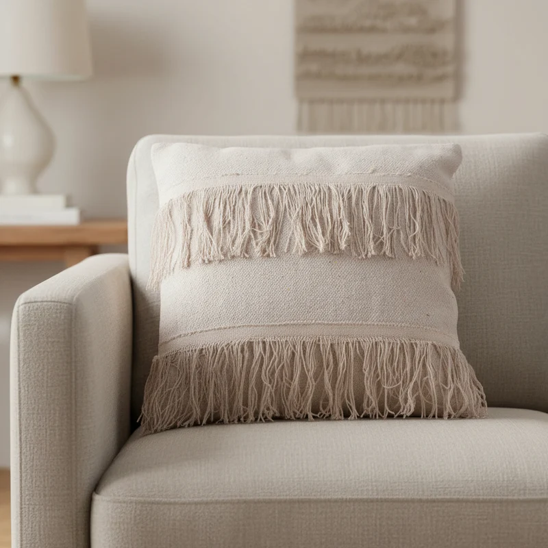 Cuscino imbottito in cotone decorativo per divano sfoderabile 45 x 45 cm Beige con Frange