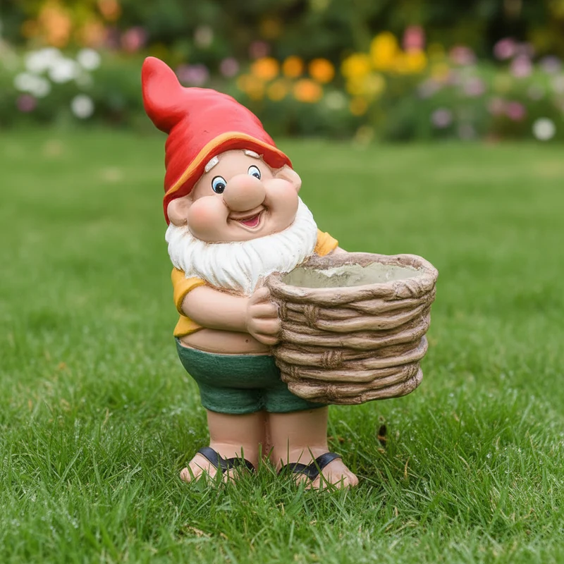 Nano da giardino per esterno con vaso in poliresina gnomo simpatico h41 cm