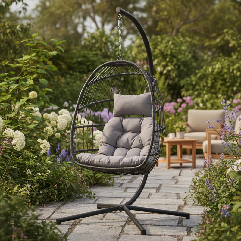 Poltrona a dondolo sospesa Richiudibile per giardino e veranda in rattan con cuscino