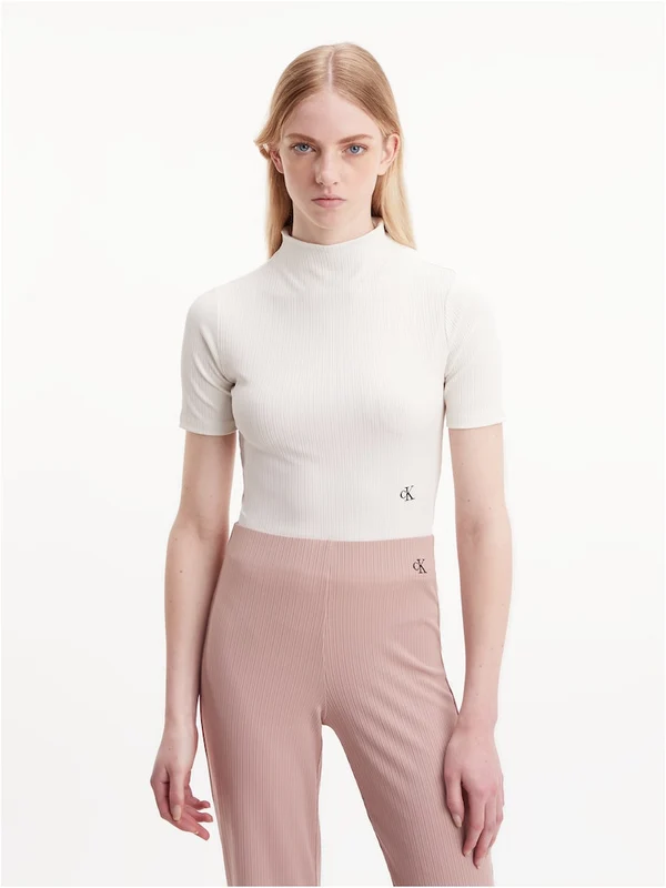 Calvin Klein Jeans - Women's Shiny Rib High Neck Short Sleeve Tshirt Slim Fit Off White / M