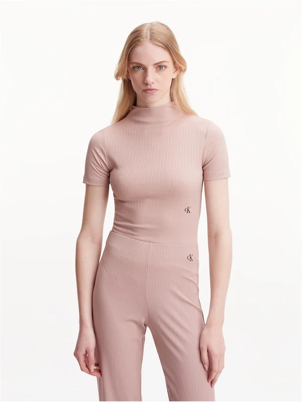 Calvin Klein Jeans - Women's Shiny Rib High Neck Short Sleeve Tshirt Slim Fit Light Pink / XL