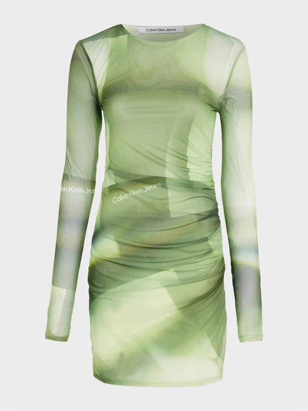 Calvin Klein Jeans - Women's Patterned Mini Round Neck Slim Fit Dress Green / XS