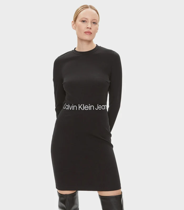 Calvin Klein Jeans - Women's Logo Elastic Milano Long Sleeve Dress Black / M