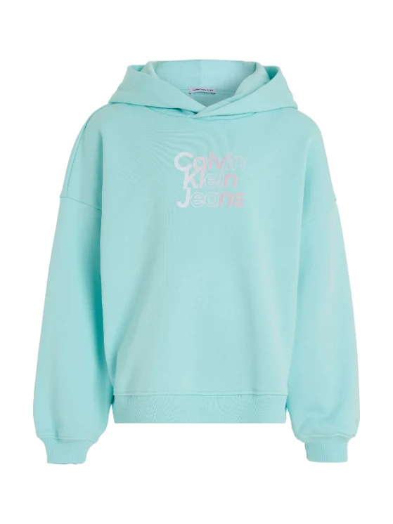 Calvin Klein Jeans - Girls' Flock Logo Terry Hoodie Regular Fit Blue Green / 14
