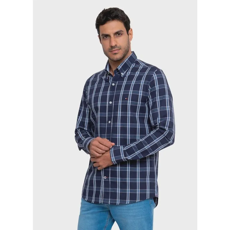Camisa Tommy Hilfiger Masculina Regular Fit Tartan Xadrez Azul Marinho