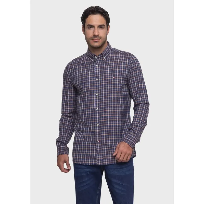 Camisa Tommy Hilfiger Masculina Regular Fit Xadrez Madras Flamê Azul Marinho