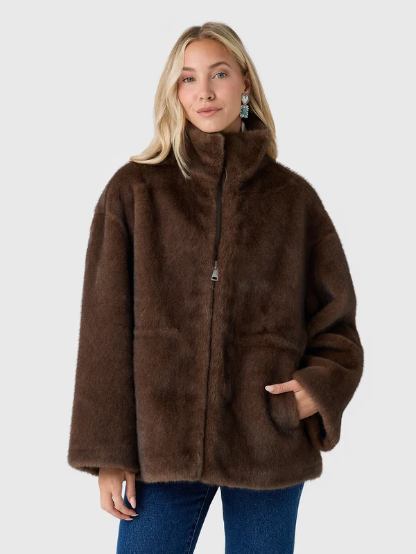 Studio AR Women's Frankie Cinched-Waist Faux Mink Jacket 38 / CHOCO