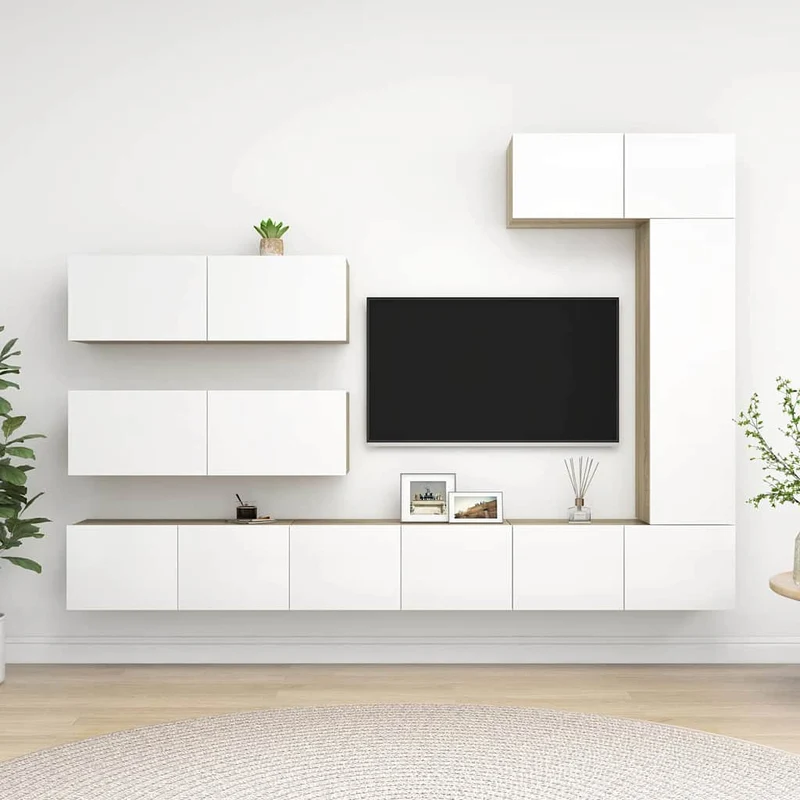 7-osainen TV-kaappisarja valkoinen ja Sonoma-tammi lastulevy