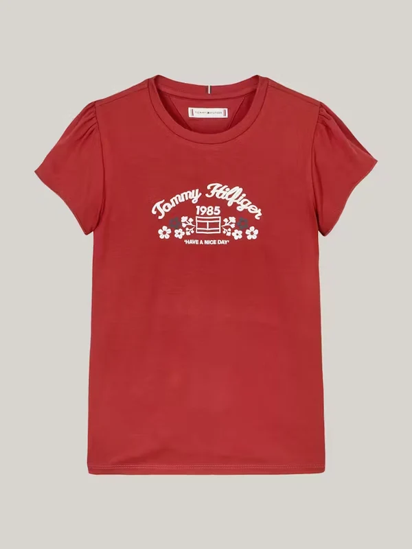 Tommy Hilfiger - Girls' Floral Logo Print Slim Fit T-Shirt Dark Red / 12