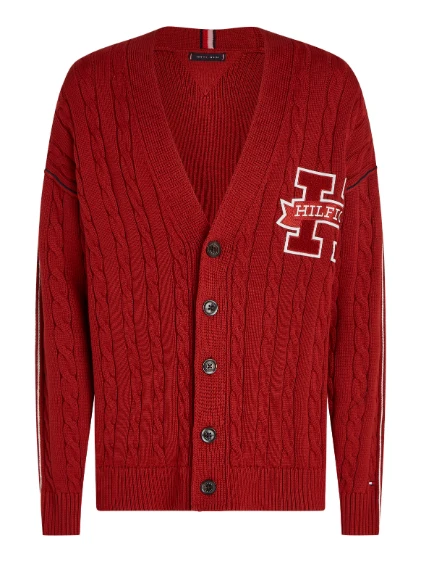 Tommy Hilfiger - Logo Applique Cable Knit V-Neck Cardigan Dark Red / XXL