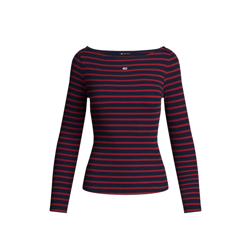 T-Shirt Manica Lunga Donna Tommy Jeans Righe Nero Rosso M
