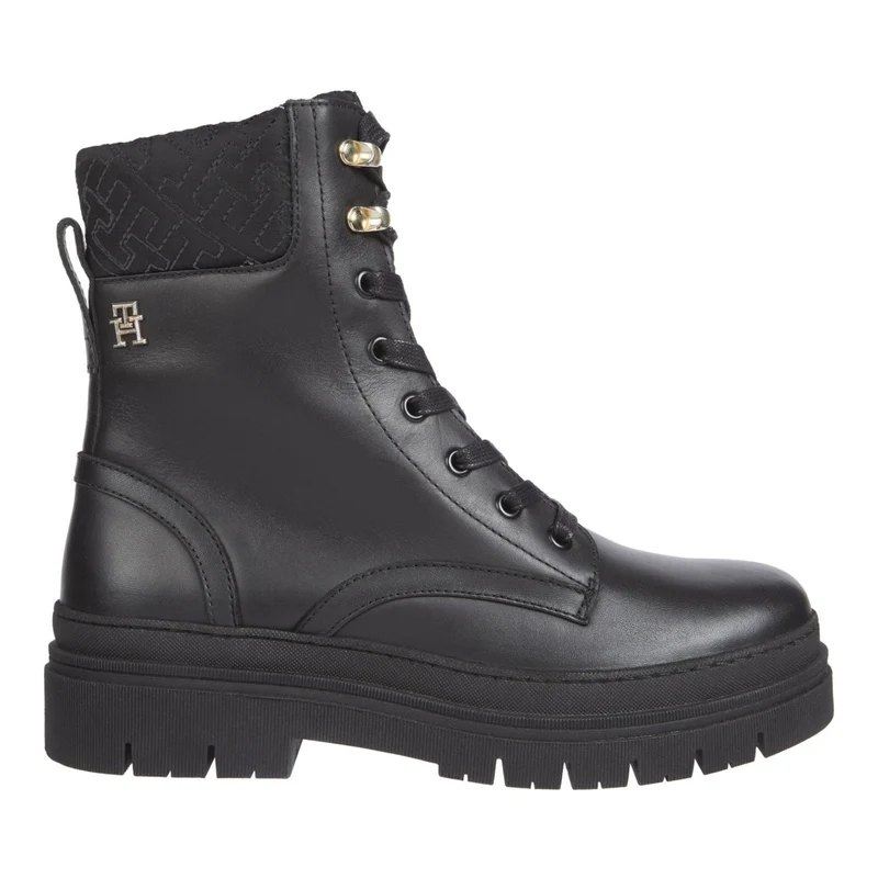 Tommy Hilfiger Black Cleated Lace-Up Padded Collar Leather Boots EU 38